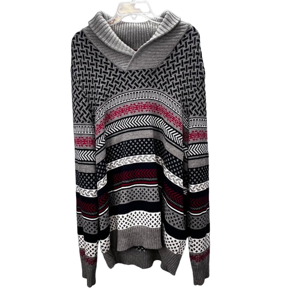 Tommy Hilfiger Bodie Fair Isle Chunky Sweater size XLT XL Tall Shawl Collar Gray